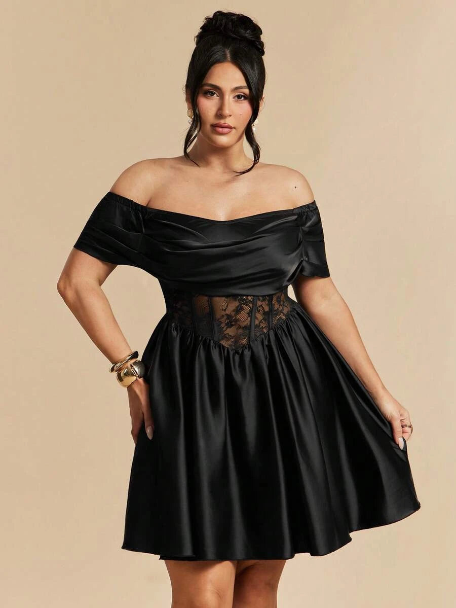 Plus Size Stylish A-Line Off-Shoulder Corset Lace Satin Black Mini Homecoming Dress