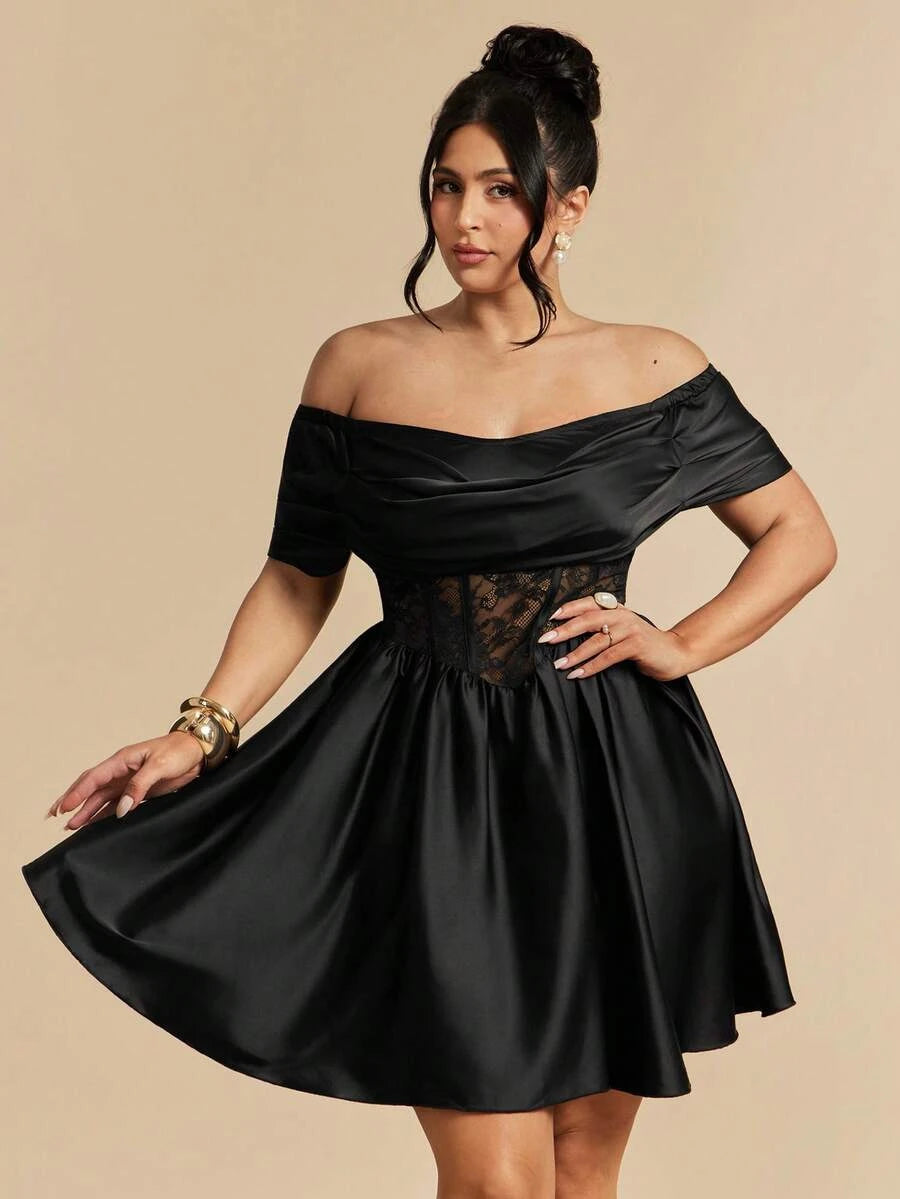 Plus Size Stylish A-Line Off-Shoulder Corset Lace Satin Black Mini Homecoming Dress