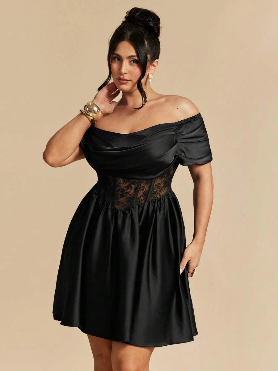 Plus Size Stylish A-Line Off-Shoulder Corset Lace Satin Black Mini Homecoming Dress