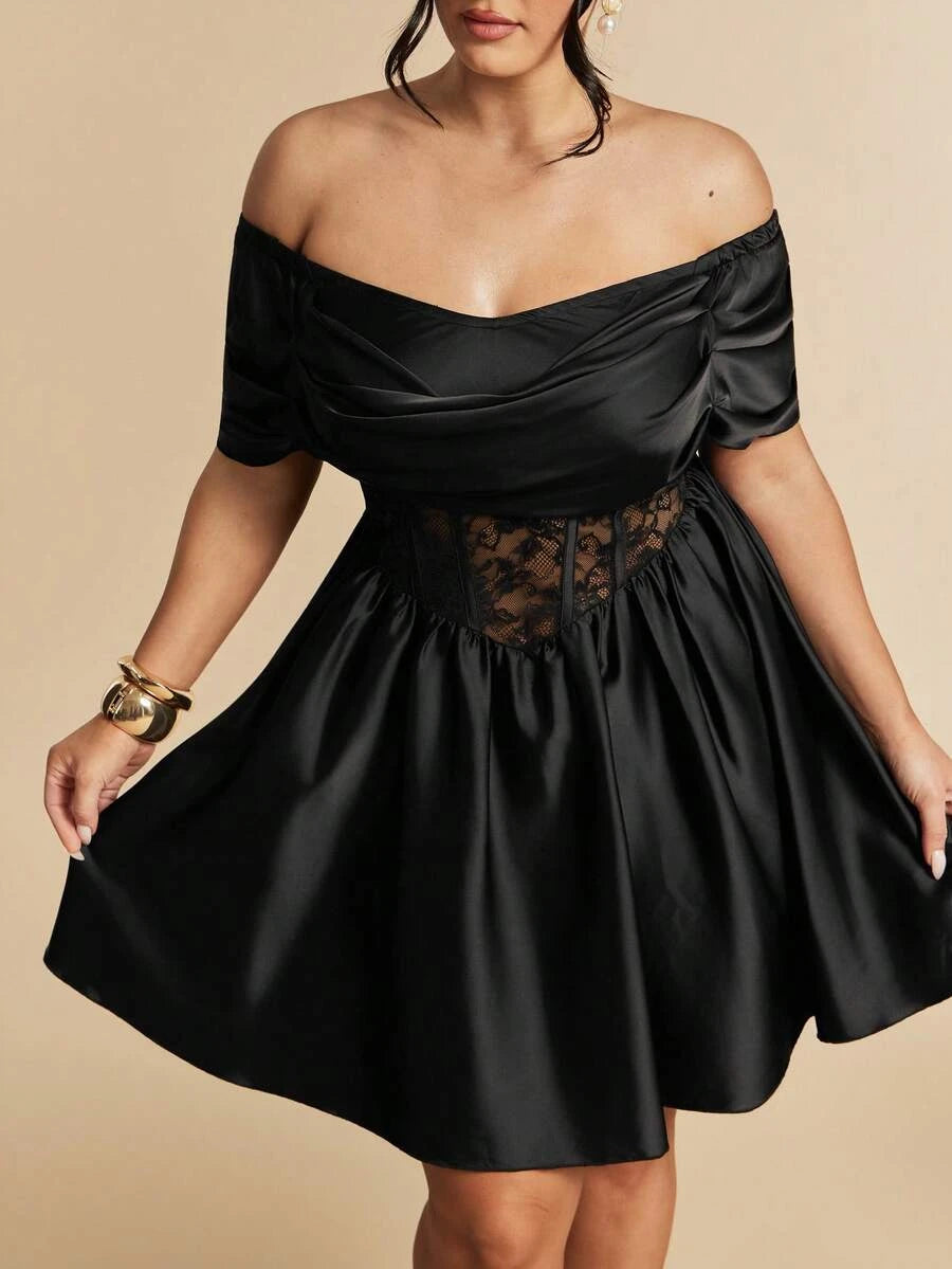 Plus Size Stylish A-Line Off-Shoulder Corset Lace Satin Black Mini Homecoming Dress