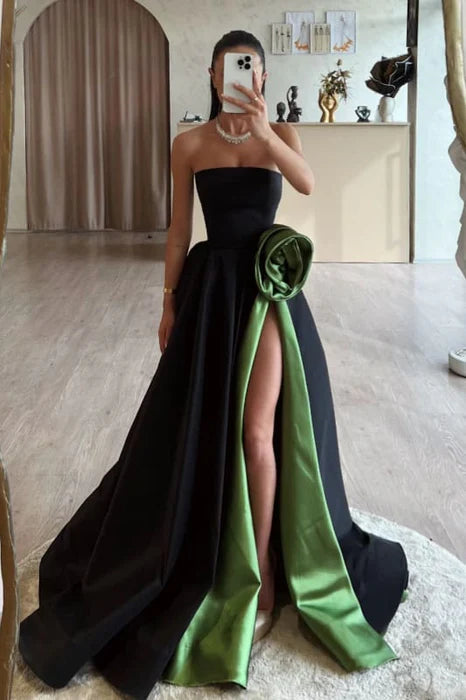 Pretty A-Line Black Satin 3D Flower Strapless Ruched High Split Discount Long Prom Dress