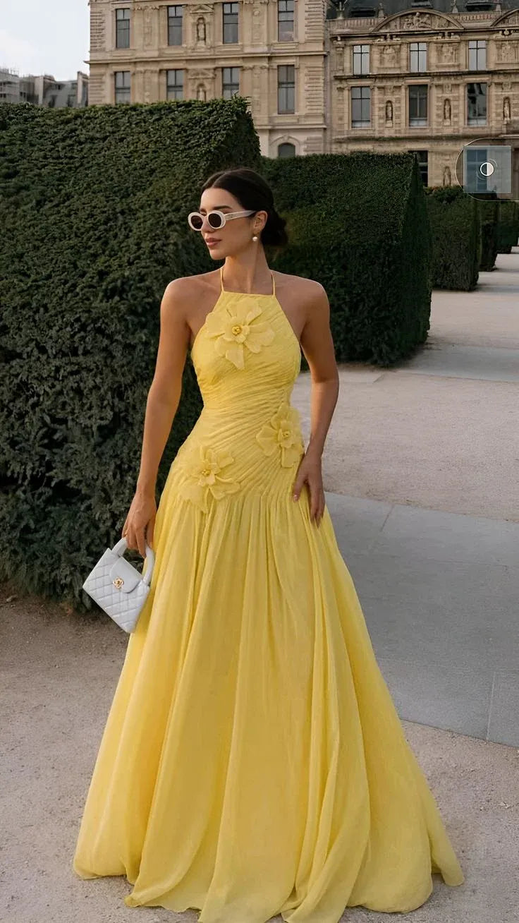 Pretty A-Line Halter 3D Flower Ruched Yellow Floor Length Prom Dress