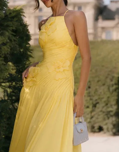 Pretty A-Line Halter 3D Flower Ruched Yellow Floor Length Prom Dress