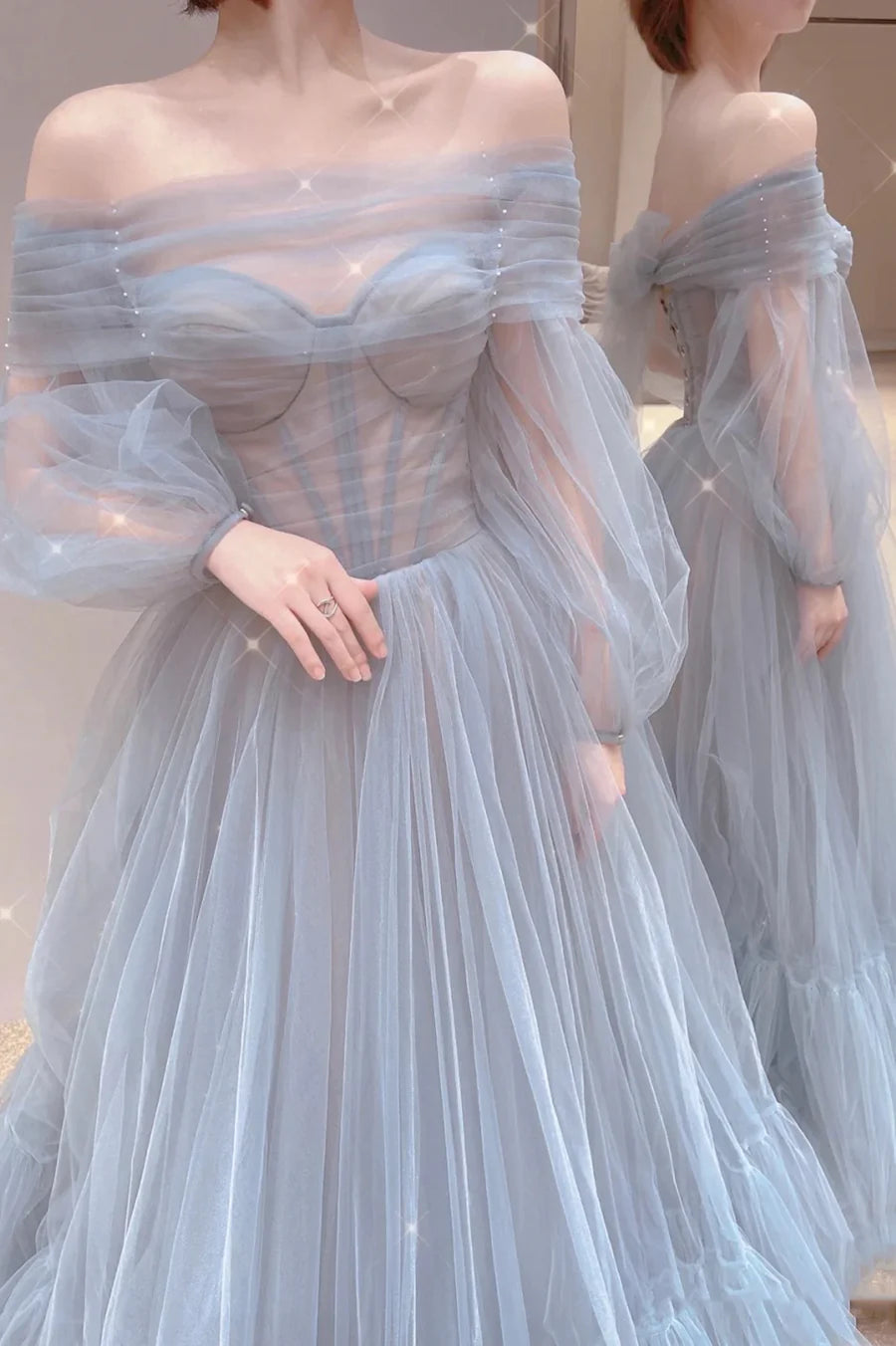 Pretty A-Line Off Shoulder Long Sleeve Bodycon Pleated Tulle Blue Long Prom Dress