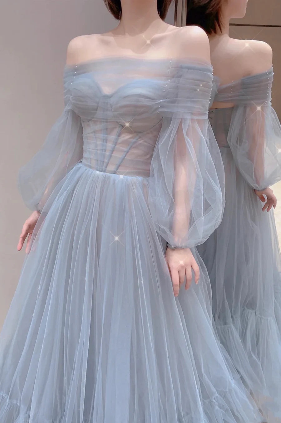 Pretty A-Line Off Shoulder Long Sleeve Bodycon Pleated Tulle Blue Long Prom Dress