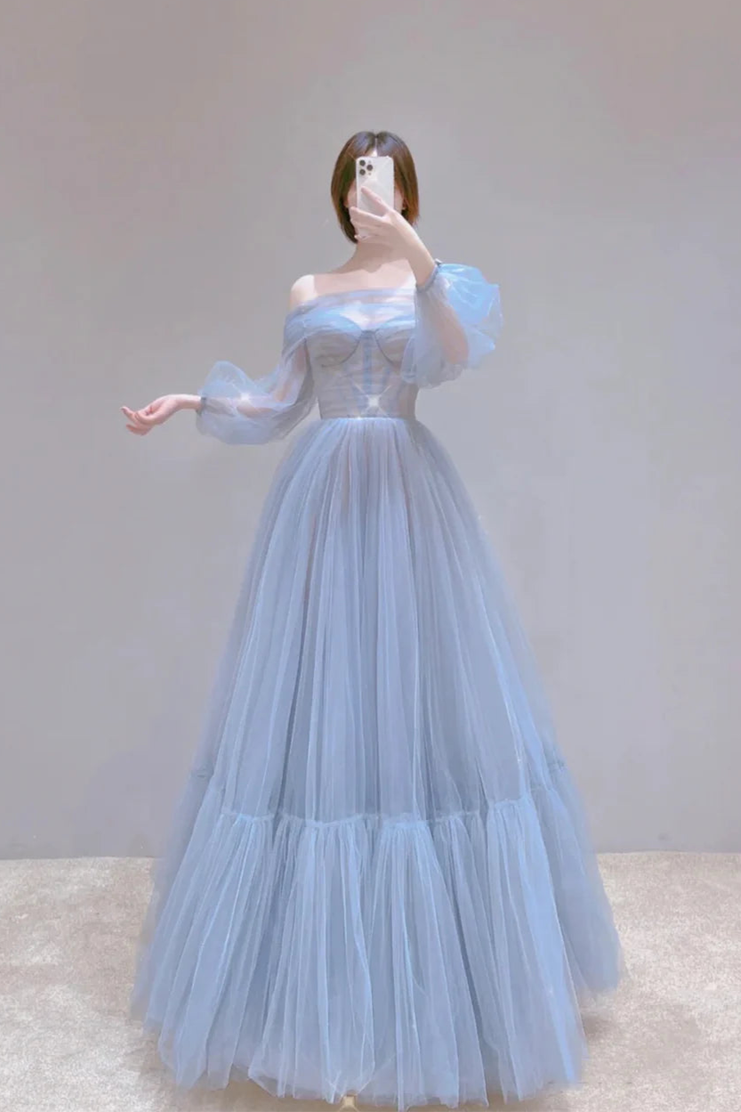 Pretty A-Line Off Shoulder Long Sleeve Bodycon Pleated Tulle Blue Long Prom Dress