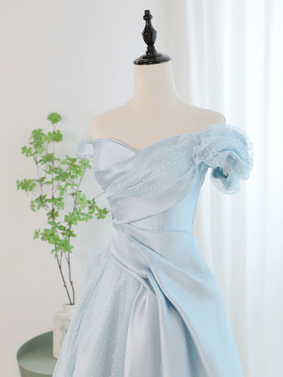 Pretty A-Line Off Shoulder Pleated Formal Satin Tulle Blue Long Prom Dress