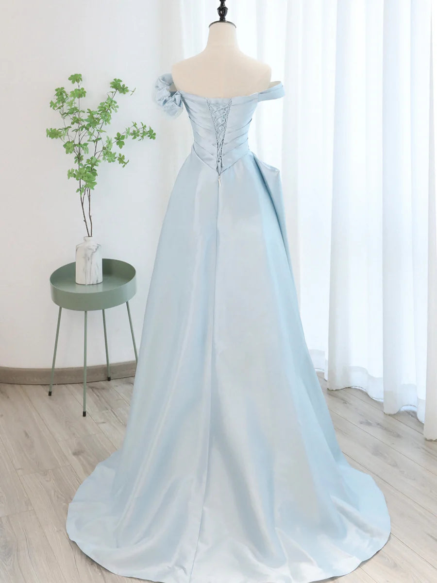 Pretty A-Line Off Shoulder Pleated Formal Satin Tulle Blue Long Prom Dress