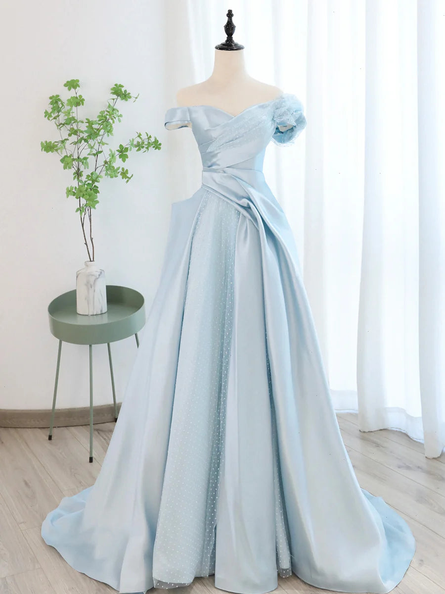 Pretty A-Line Off Shoulder Pleated Formal Satin Tulle Blue Long Prom Dress