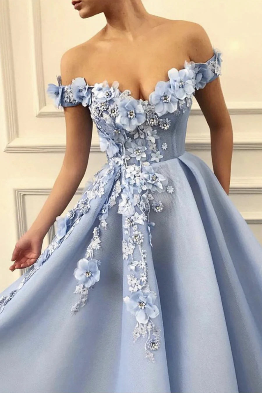 Pretty A-Line Off the Shoulder Bodycon Applique Tulle Blue Long Prom Dress