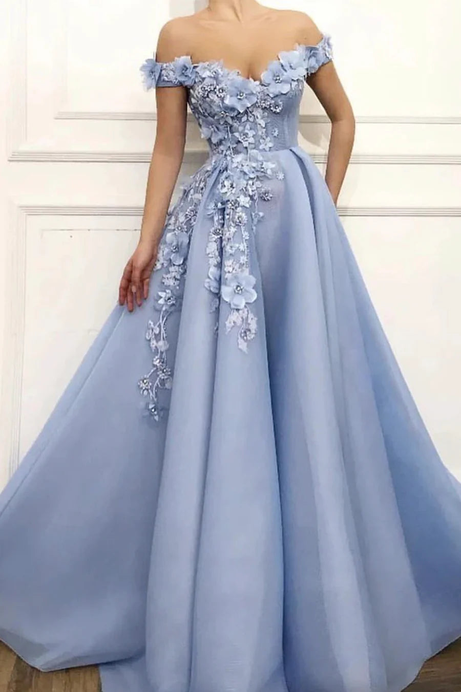 Pretty A-Line Off the Shoulder Bodycon Applique Tulle Blue Long Prom Dress