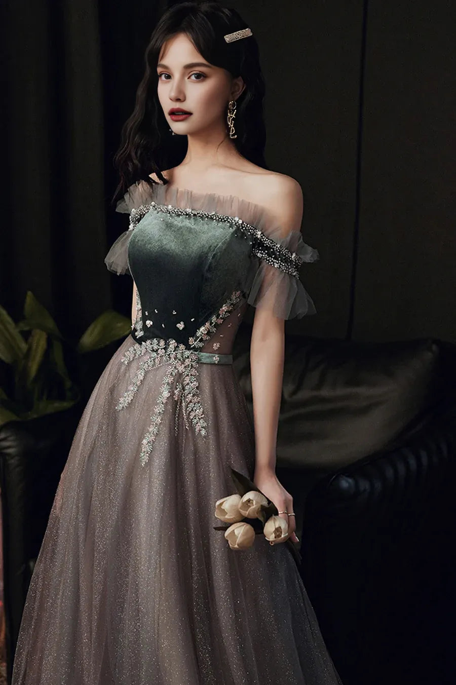 Pretty A-Line Off the Shoulder Ruffle Beaded Velvet Tulle Gray Prom Dresses