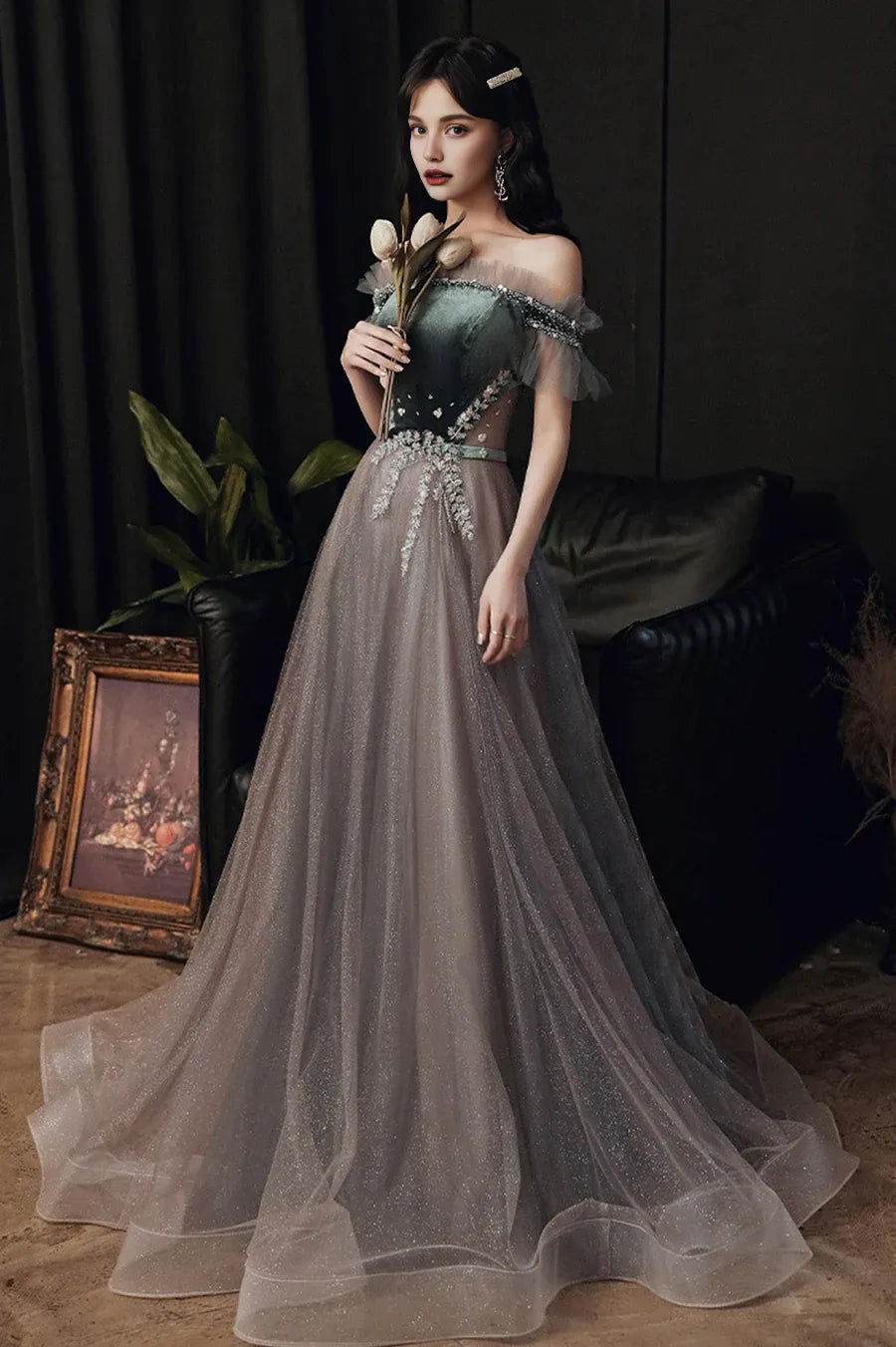 Pretty A-Line Off the Shoulder Ruffle Beaded Velvet Tulle Gray Prom Dresses