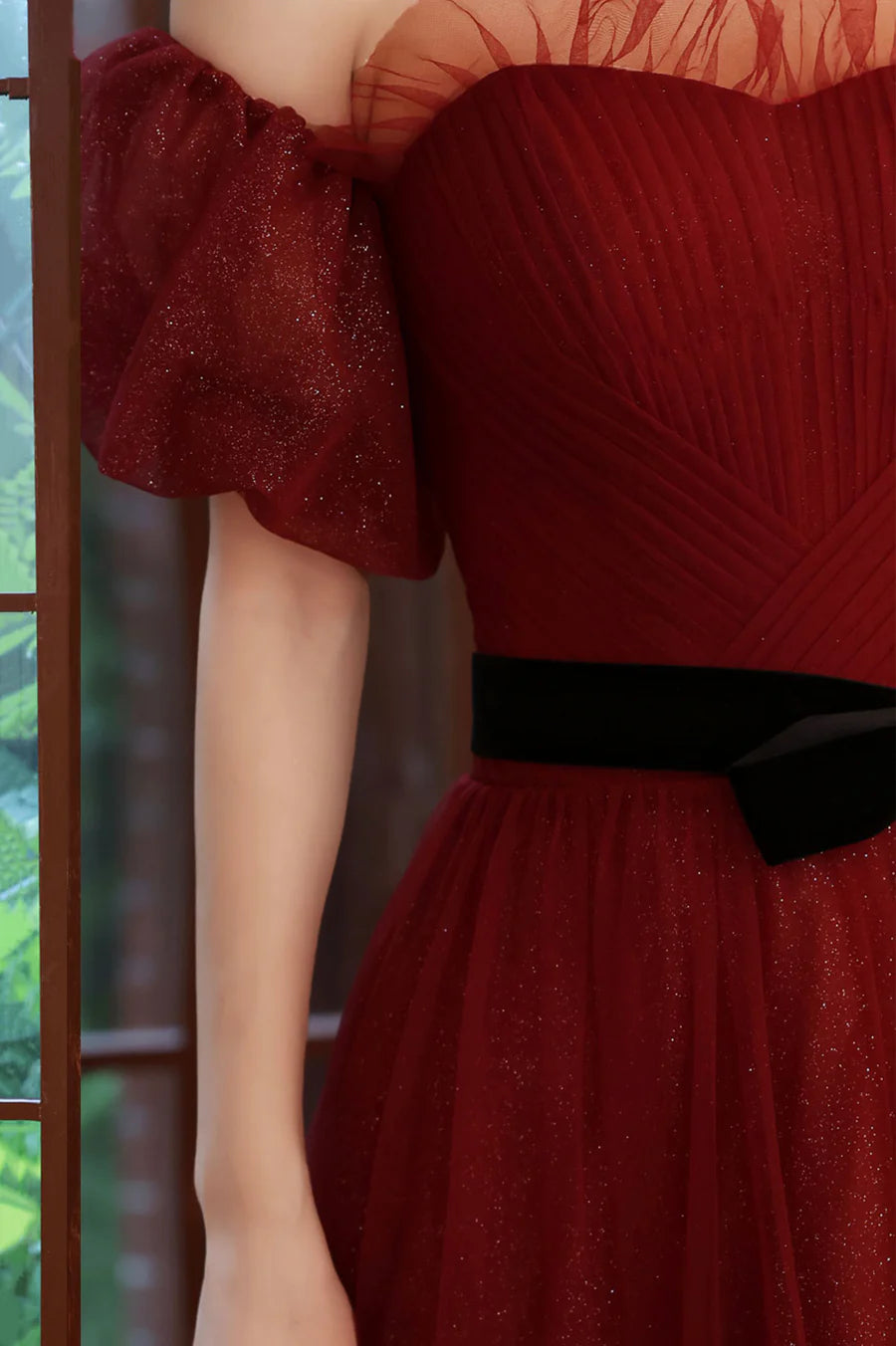 Pretty A-Line Off Shoulder Short Sleeves Sequins Tulle Burgundy Prom Dress With belt