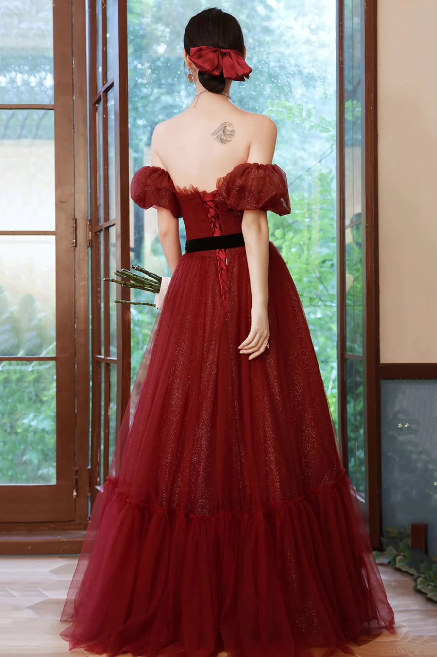 Pretty A-Line Off Shoulder Short Sleeves Sequins Tulle Burgundy Prom Dress With belt