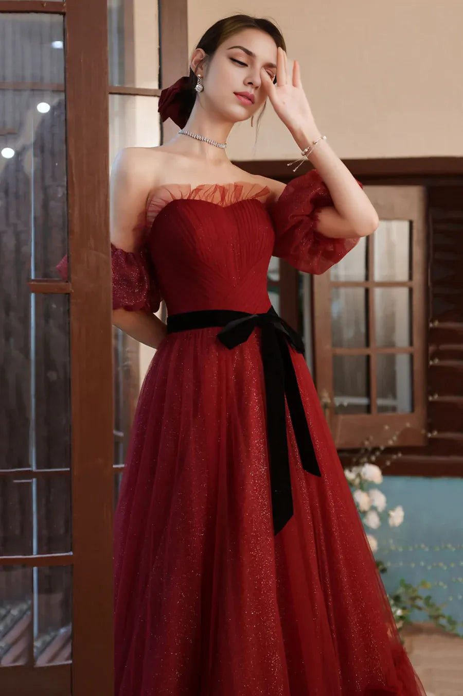 Pretty A-Line Off Shoulder Short Sleeves Sequins Tulle Burgundy Prom Dress With belt