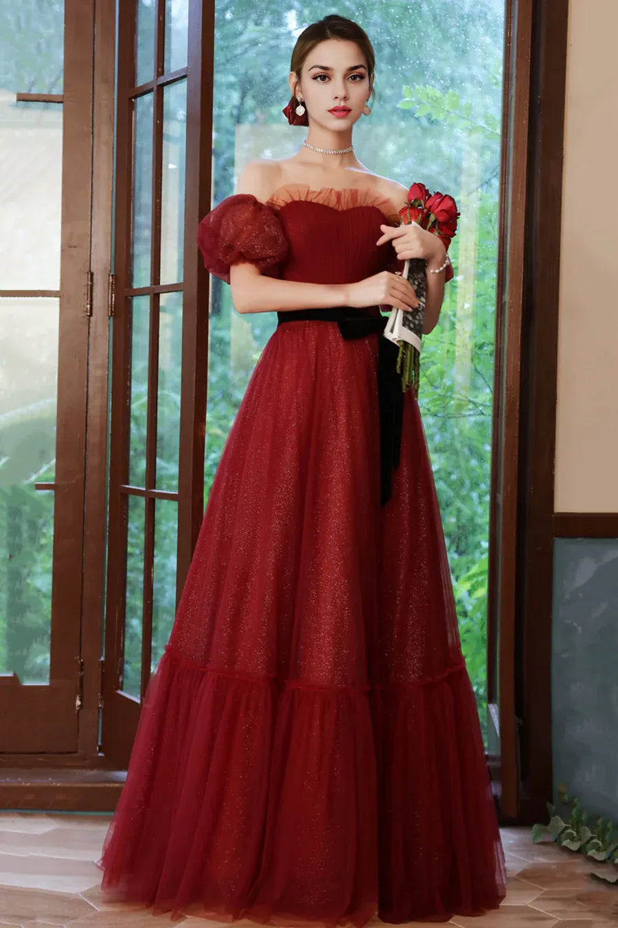 Pretty A-Line Off Shoulder Short Sleeves Sequins Tulle Burgundy Prom Dress With belt