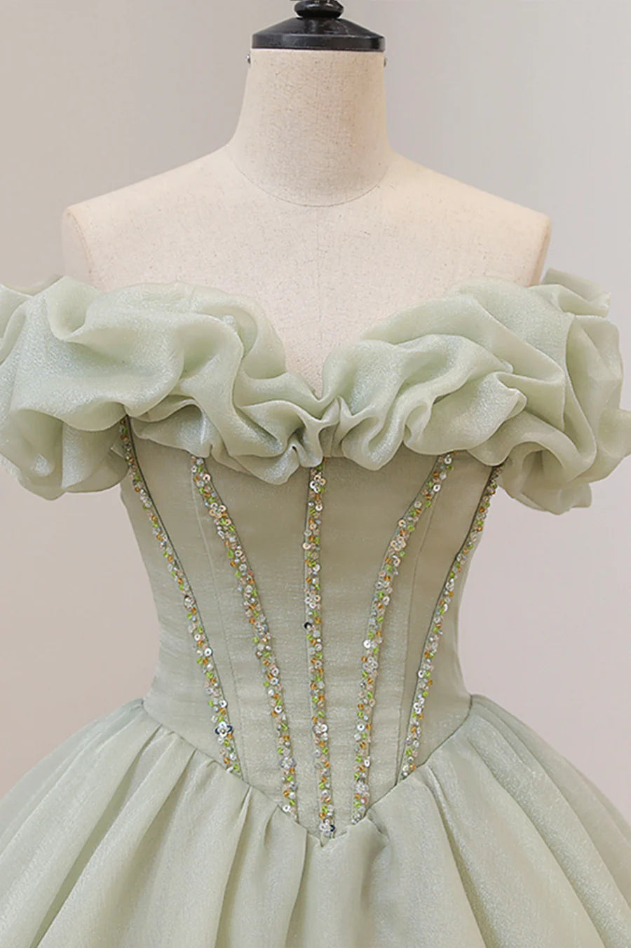 Pretty A-Line Off the Shoulder Tulle Green Prom Gown with Sequins Beaded