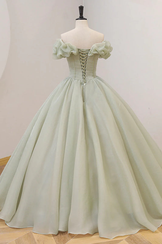 Pretty A-Line Off the Shoulder Tulle Green Prom Gown with Sequins Beaded