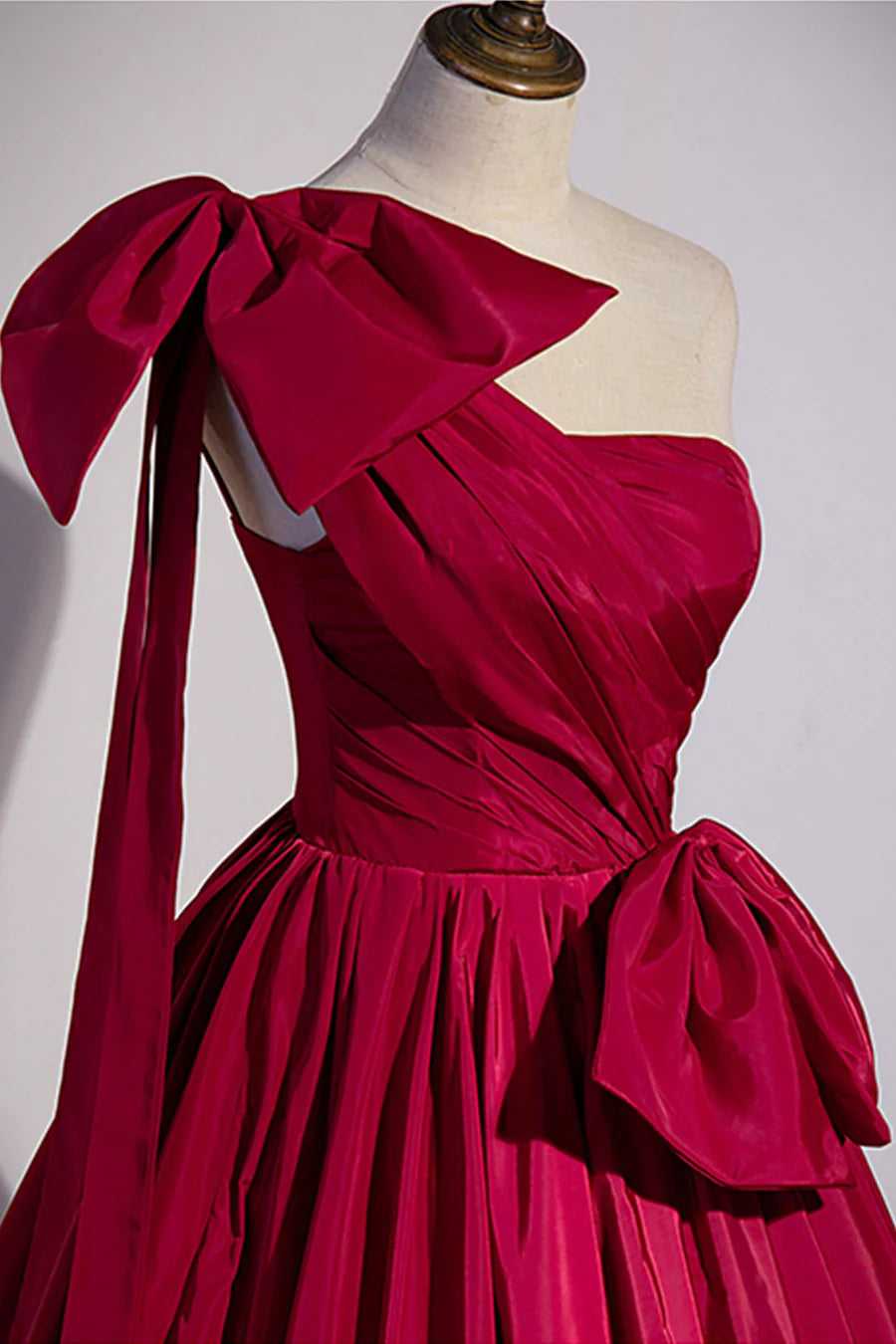 Pretty A-Line One Shoulder Pleated Satin Burgundy Long Prom Dress With Bow