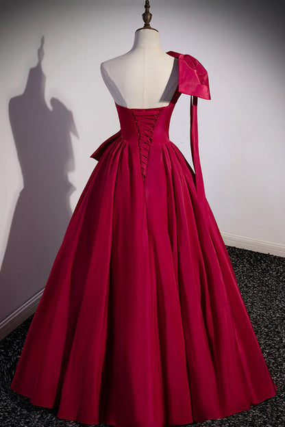 Pretty A-Line One Shoulder Pleated Satin Burgundy Long Prom Dress With Bow