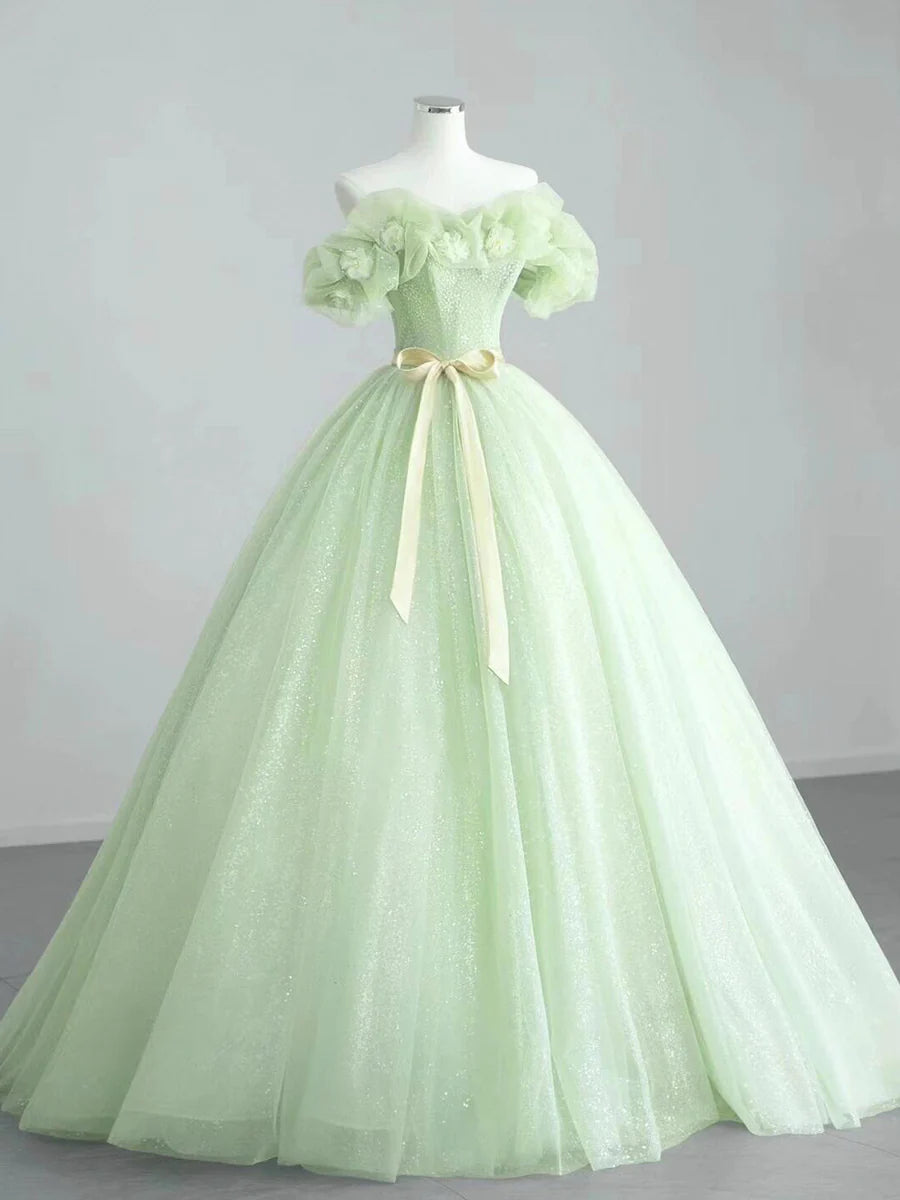 Pretty A-Line Sage Green Tulle Flowers Long Prom Dress Off the Shoulder Floor length Evening Party Dress