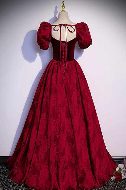 Pretty A-Line Short Sleeve Jacquard Satin Velvet Burgundy Long Prom Dress Evening Dress