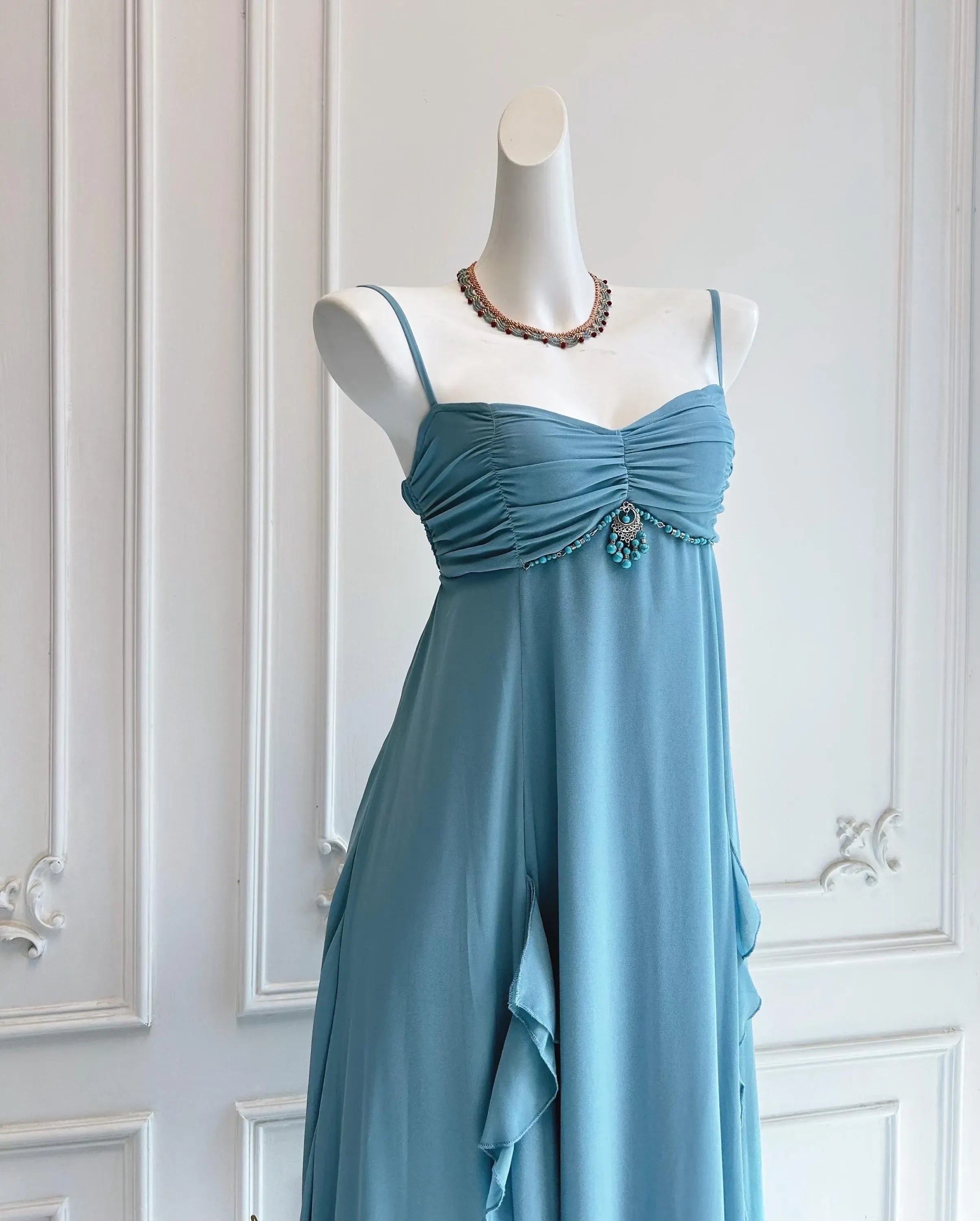 Pretty A-Line Spaghetti-Strap Beaded Ruffle Light Blue Floor-Length Prom Dress