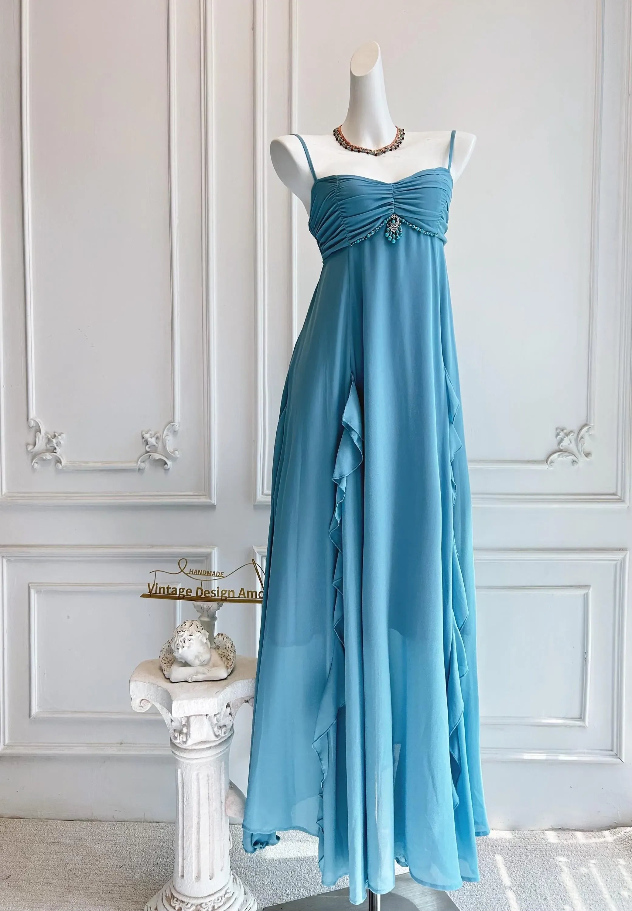 Pretty A-Line Spaghetti-Strap Beaded Ruffle Light Blue Floor-Length Prom Dress