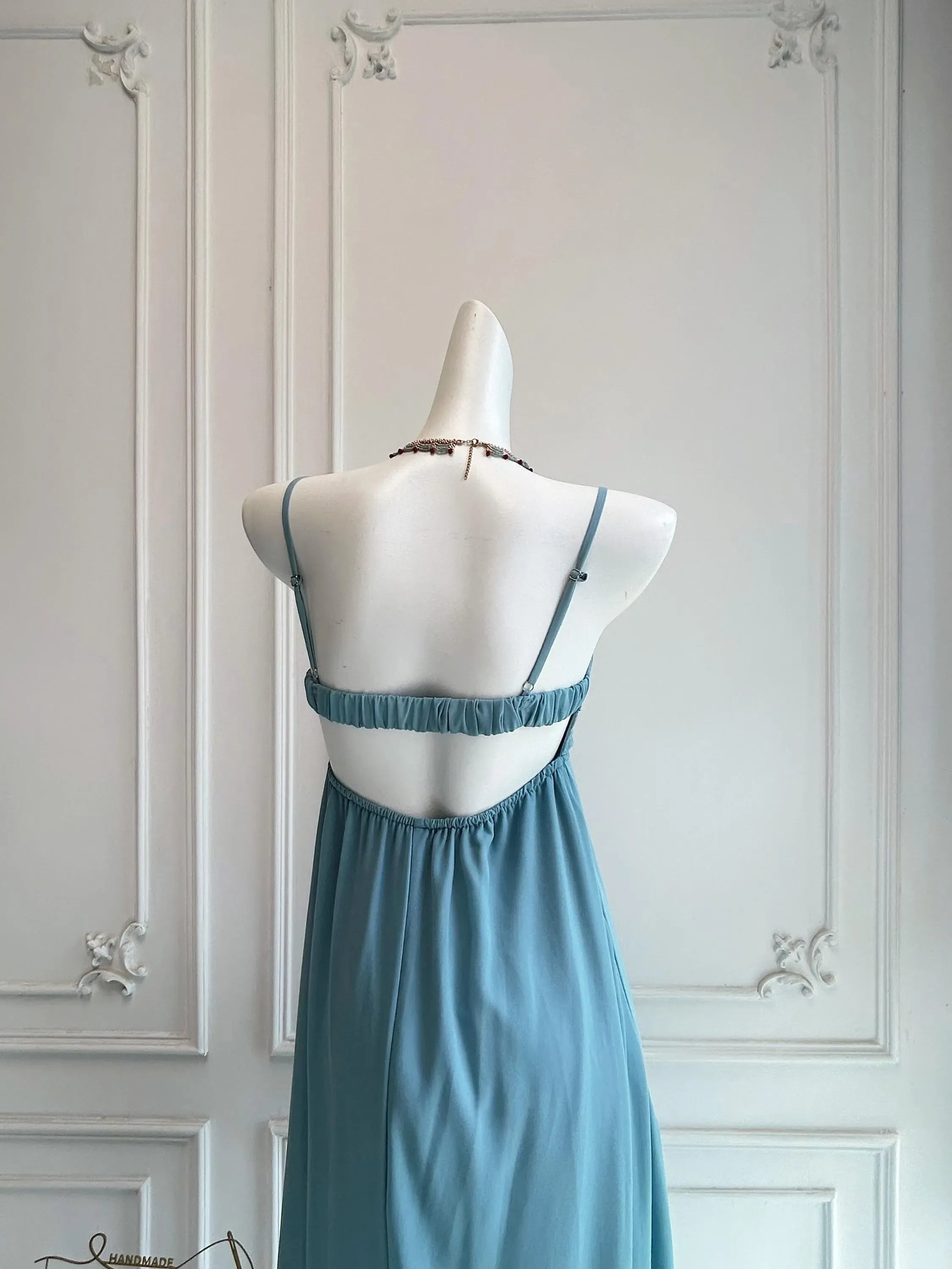 Pretty A-Line Spaghetti-Strap Beaded Ruffle Light Blue Floor-Length Prom Dress