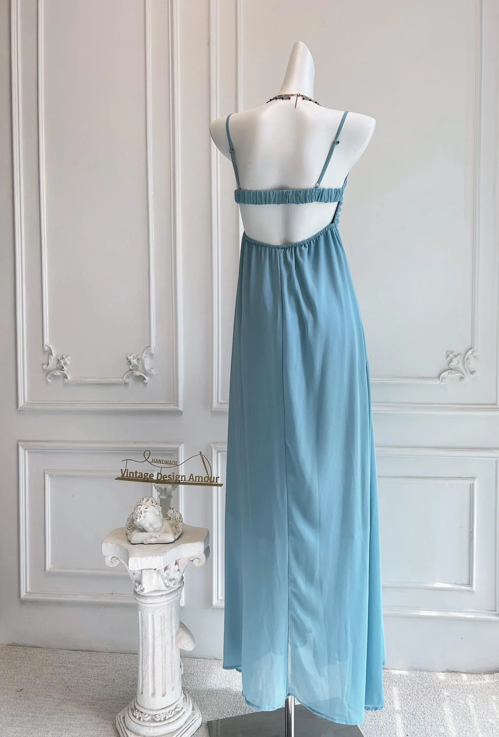 Pretty A-Line Spaghetti-Strap Beaded Ruffle Light Blue Floor-Length Prom Dress