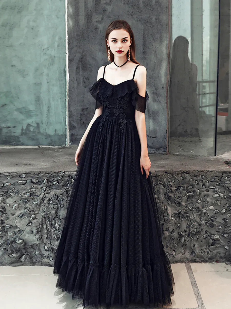 Pretty A-Line Spaghetti Strap Applique Tulle Black Floor Length Prom Dress With Lace