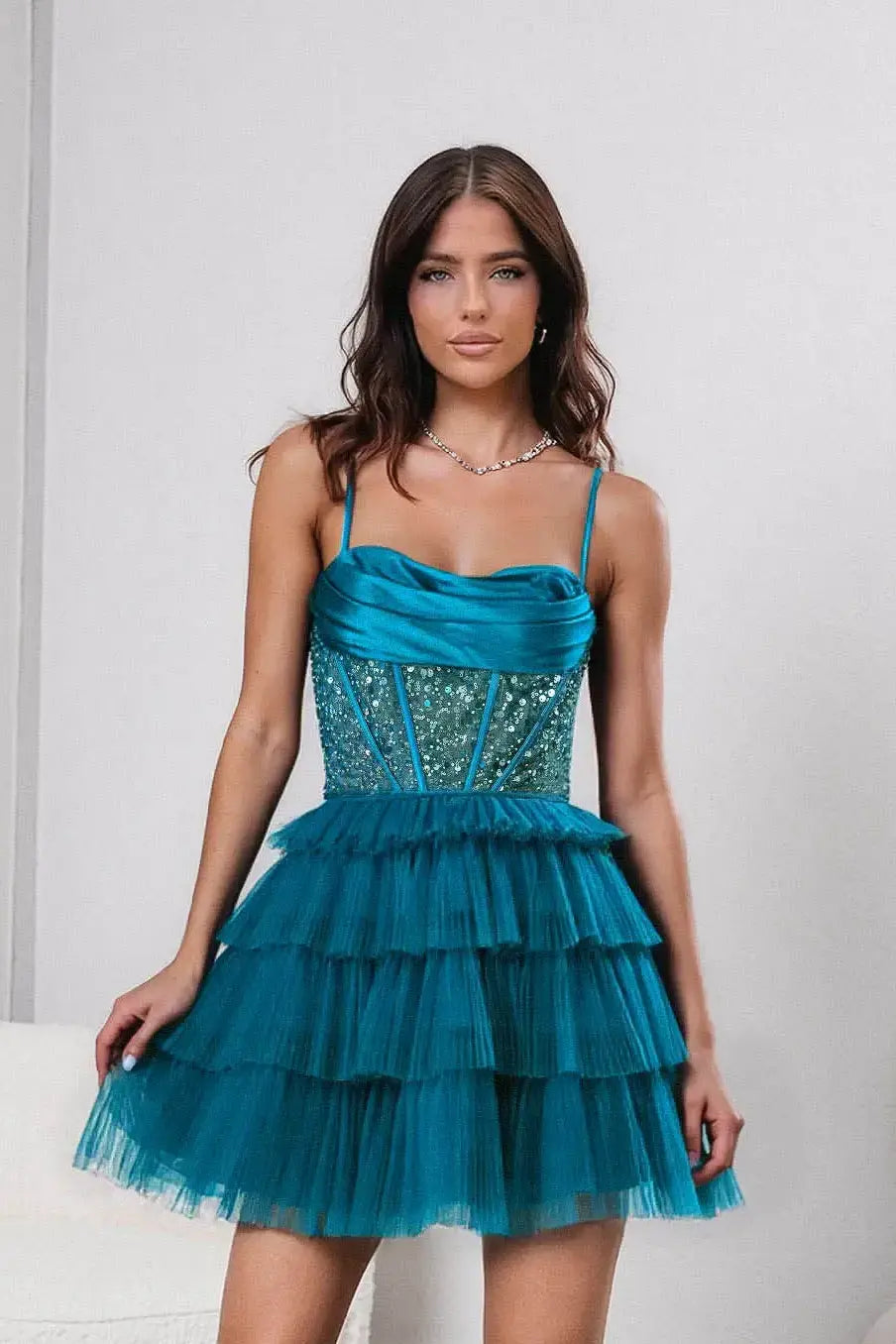Pretty A-Line Spaghetti Strap Corset Tiered Sequin Tulle Teal Short Homecoming Dress