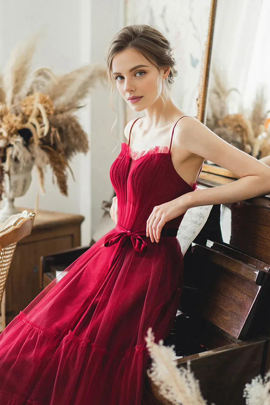 Pretty A-Line Spaghetti Strap Ruffle Tulle Burgundy Long Prom Dresses