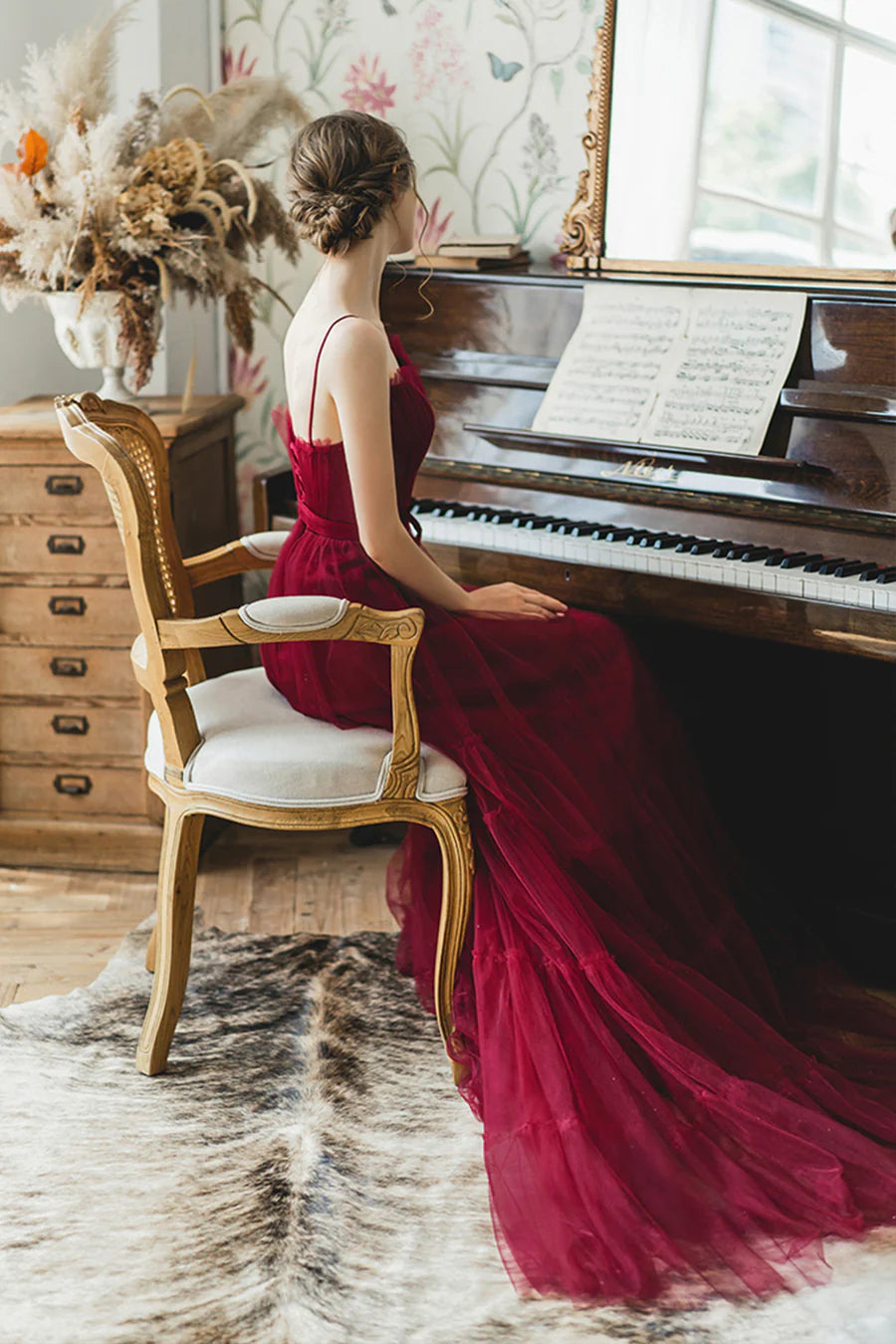 Pretty A-Line Spaghetti Strap Ruffle Tulle Burgundy Long Prom Dresses