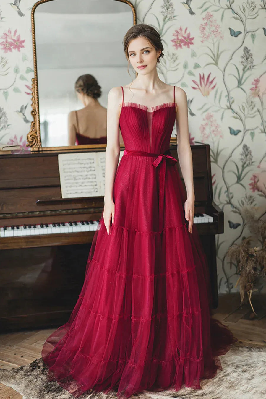 Pretty A-Line Spaghetti Strap Ruffle Tulle Burgundy Long Prom Dresses