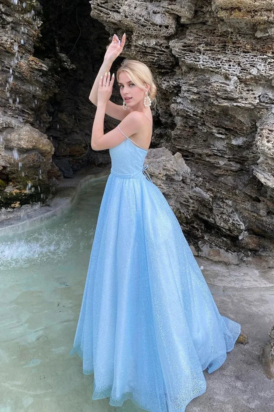 Pretty A-Line Spaghetti Strap Sequins Tulle Blue Long Prom Dresses Graduation Dresses