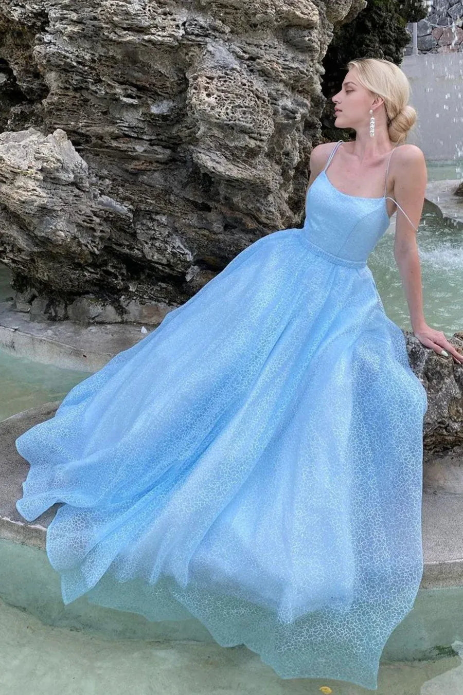 Pretty A-Line Spaghetti Strap Sequins Tulle Blue Long Prom Dresses Graduation Dresses