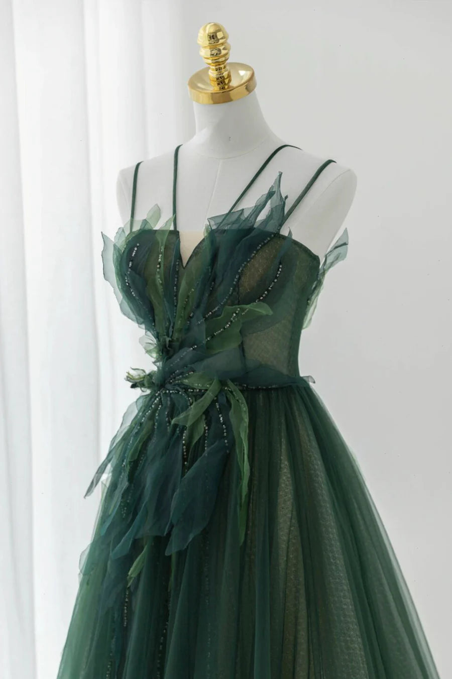 Pretty A-Line Spaghetti Straps Beaded Tulle Green Long Prom Dress