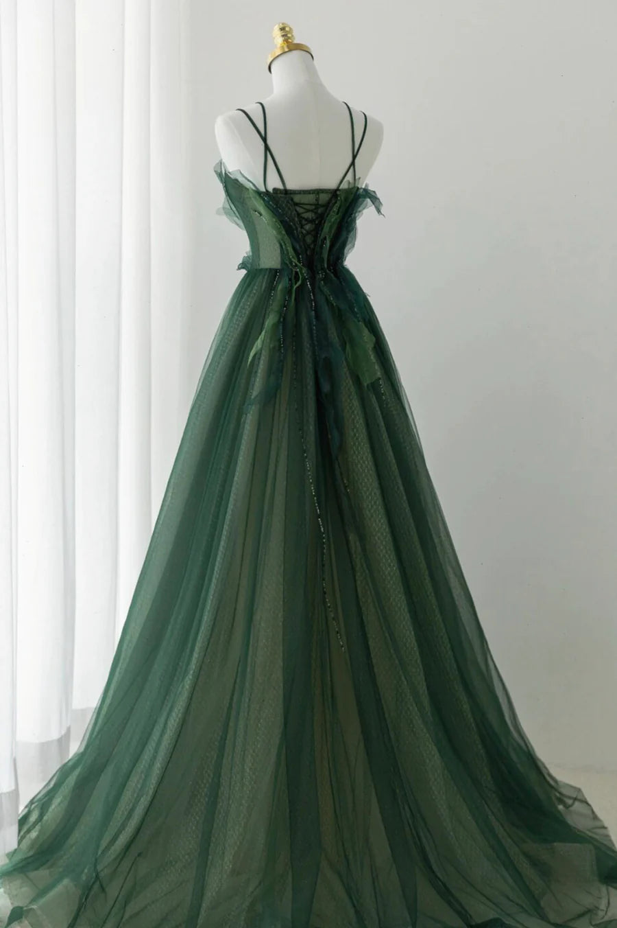 Pretty A-Line Spaghetti Straps Beaded Tulle Green Long Prom Dress
