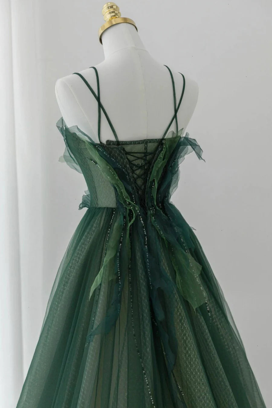 Pretty A-Line Spaghetti Straps Beaded Tulle Green Long Prom Dress