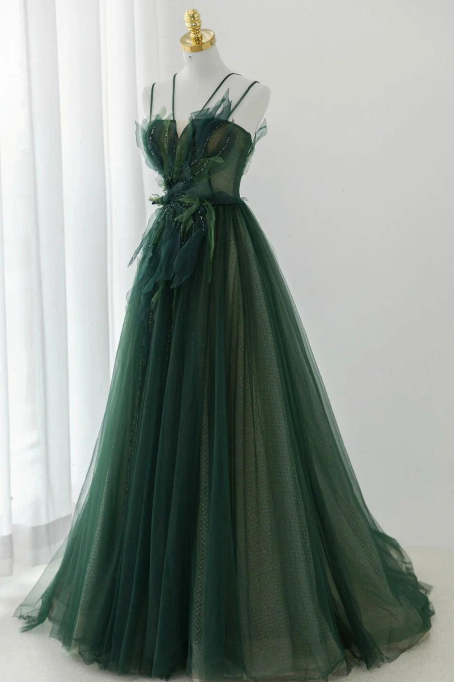 Pretty A-Line Spaghetti Straps Beaded Tulle Green Long Prom Dress