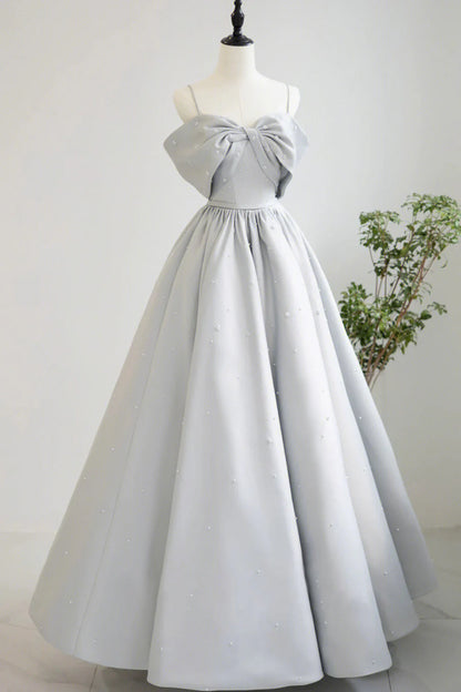 Pretty A-Line Spaghetti Straps Bow Satin Gray Long Prom Dress With Pearls