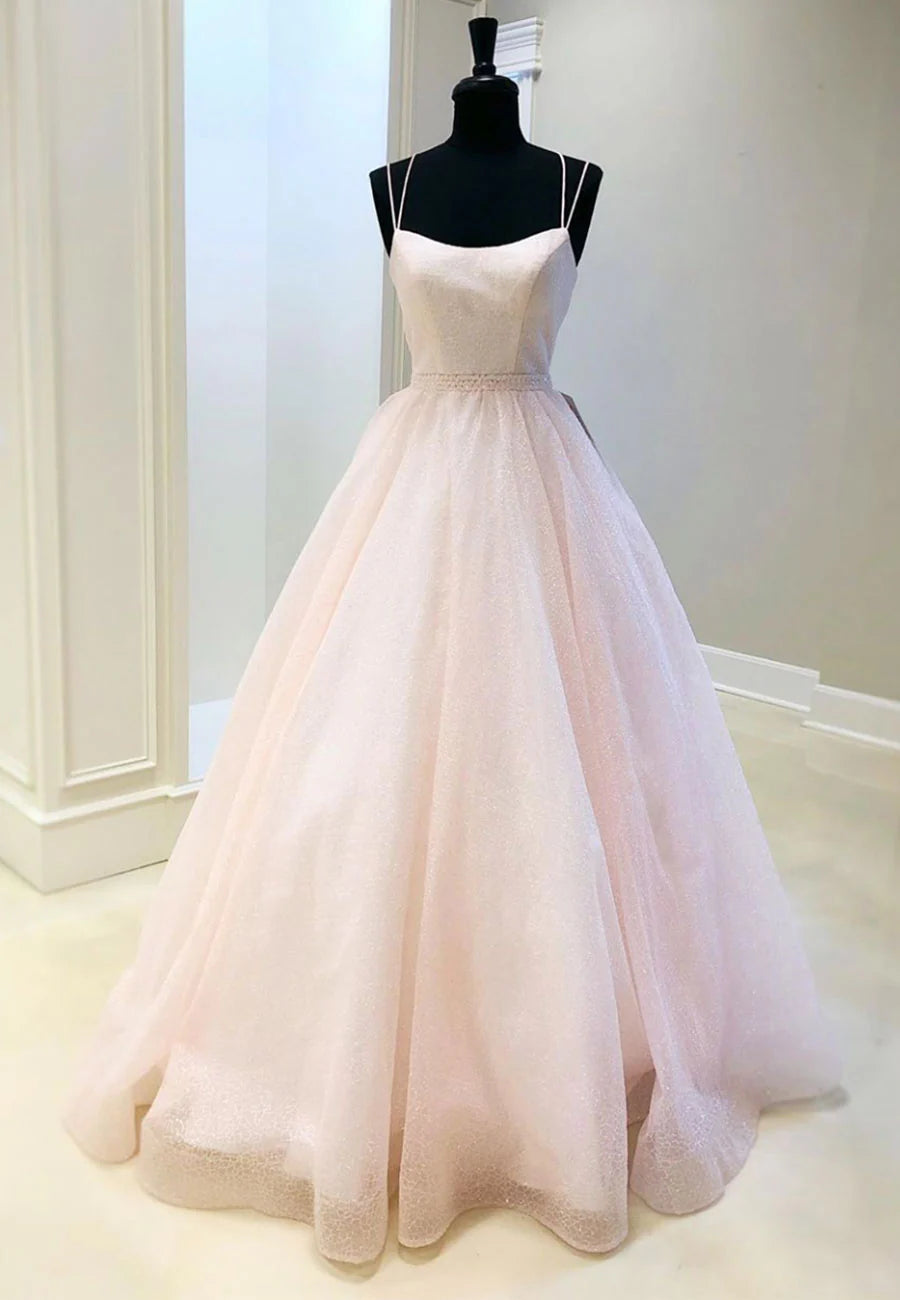 Pretty A-Line Spaghetti Straps Sequins Tulle Pink Long Prom Dresses