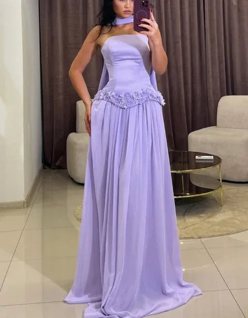 Pretty A-Line Strapless 3D Flower Lavender Floor Length Prom Dress With Streamer