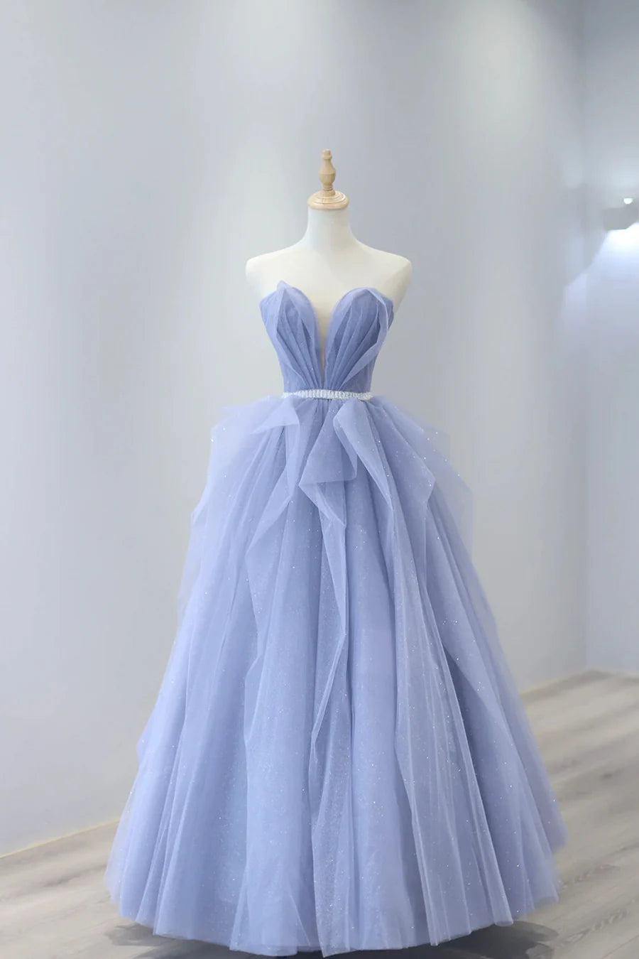 Pretty A-Line Strapless Pleated Sequins Tulle Blue Long Prom Dress With Belt