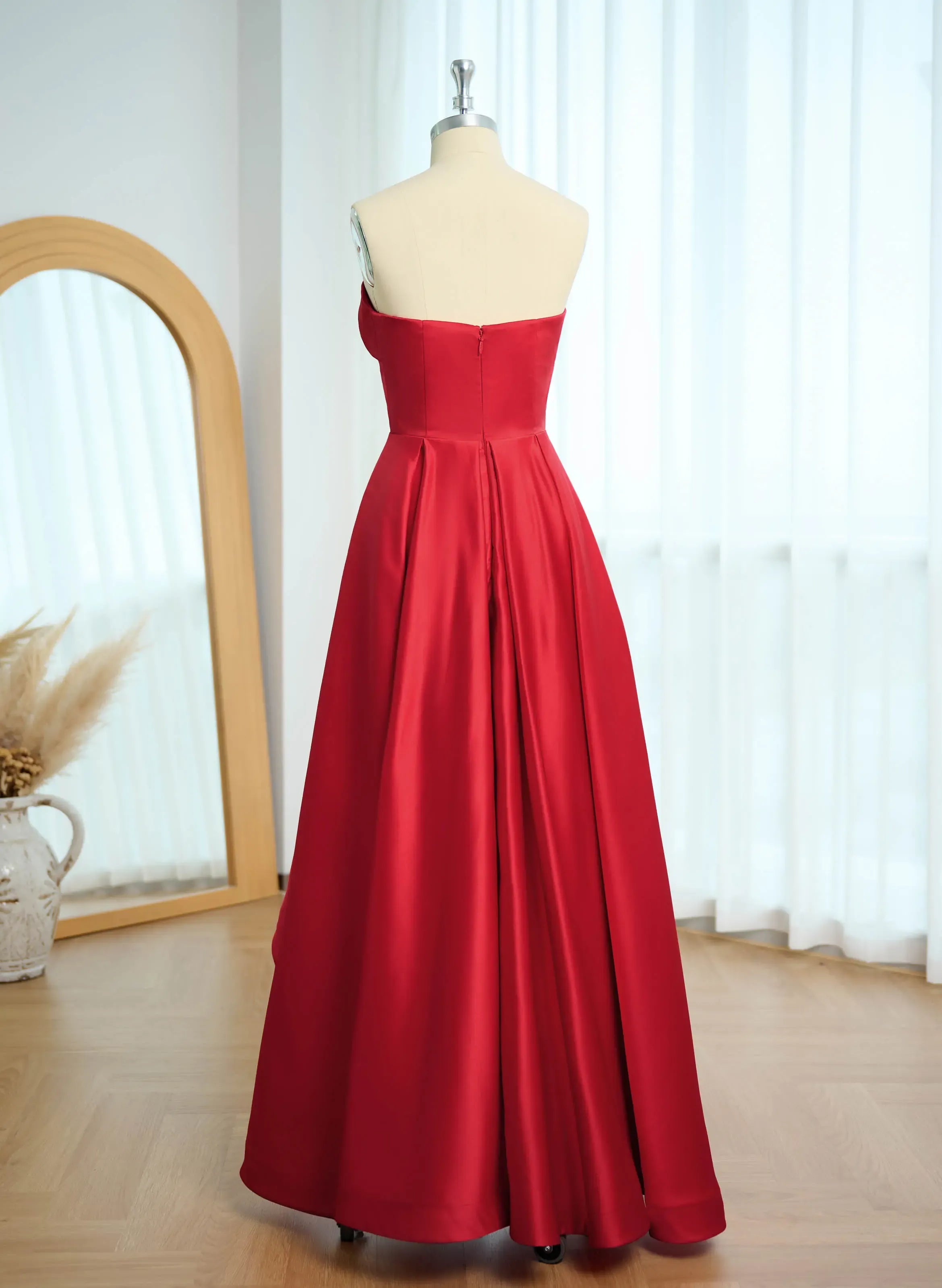 Pretty A-Line Strapless Sweetheart Ruffle Satin Red High-Low Prom Dress