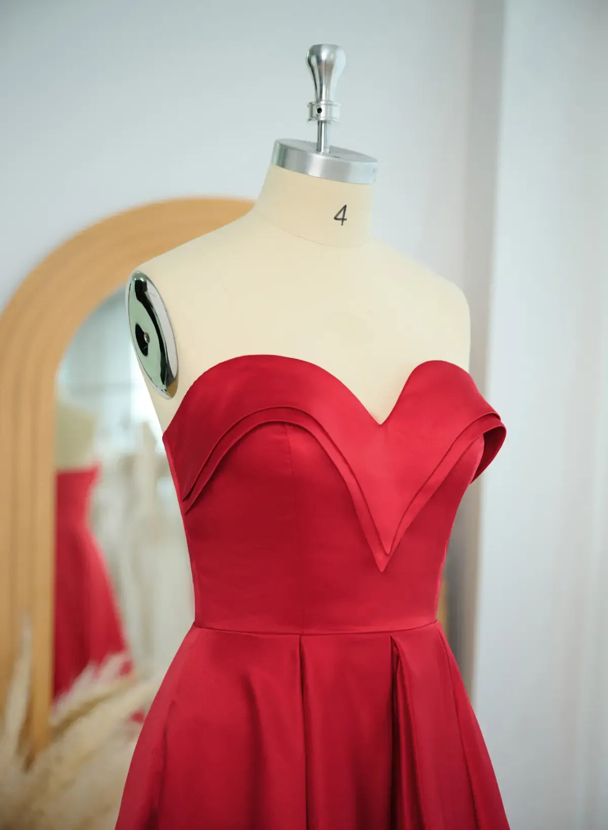 Pretty A-Line Strapless Sweetheart Ruffle Satin Red High-Low Prom Dress