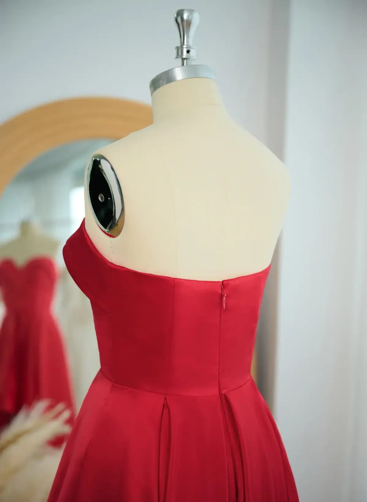 Pretty A-Line Strapless Sweetheart Ruffle Satin Red High-Low Prom Dress