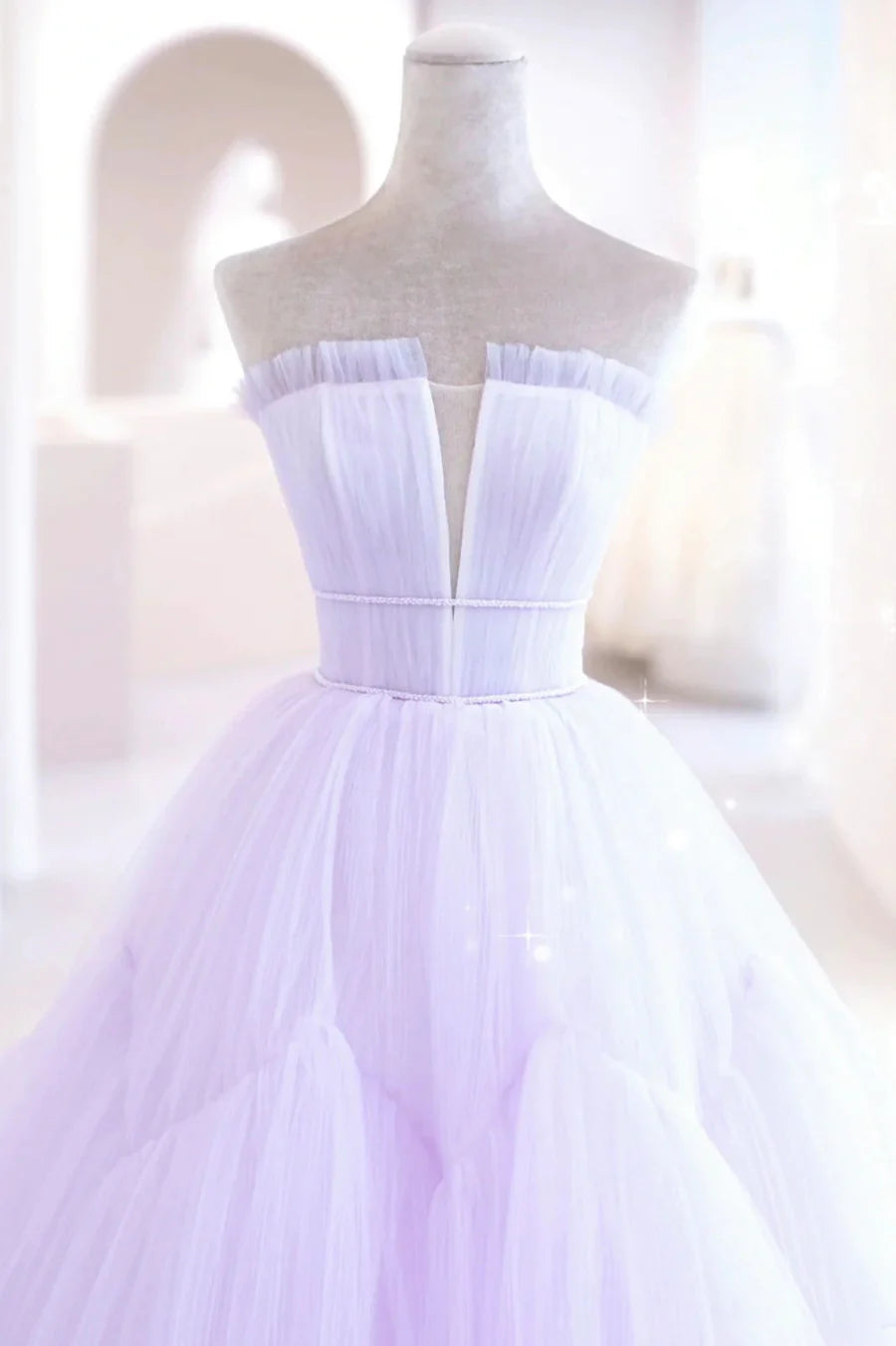 Pretty A-Line Strapless Tiered Tulle Purple Long Formal Prom Dress princess Dress
